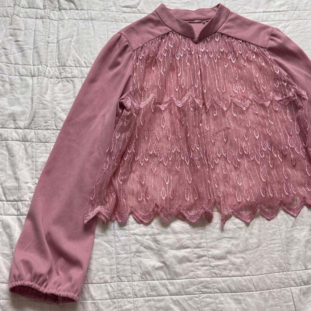 Dusty rose sheer‎ lace blouse open front high neck bishop collar sz L victorian